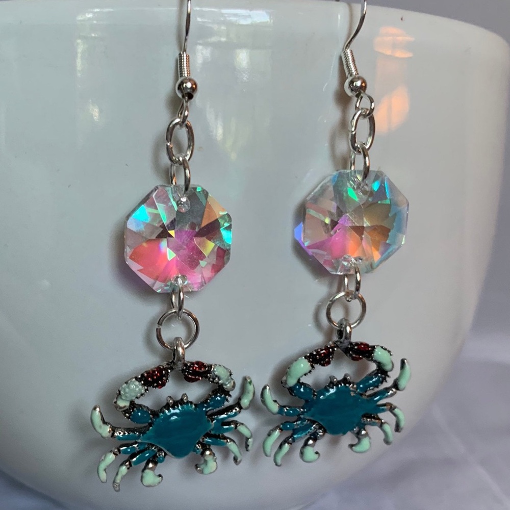 Blue Crab and Crystal Earrings